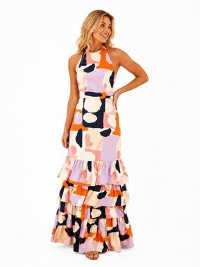 Gianni Bini Abstract Halter Maxi Dress in Navy, Orange, Pink & Cream